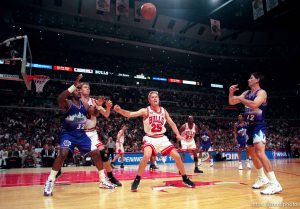 John Stockton throws the ball in to Karl Malone at Jazz vs. Bulls, game 3 of the NBA Finals. Bulls won