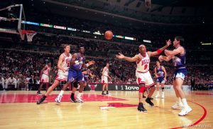 John Stockton throws the ball to Karl Malone at Jazz vs. Bulls, game 3 of the NBA Finals. Bulls won