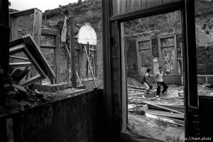 Playing basketball in the ruins of the Thistle Schoolhouse.