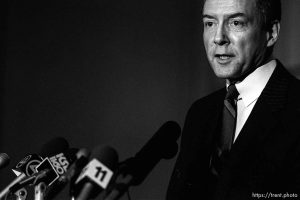 Orrin Hatch at Geneva Steel press conference announcing they would modernize the steel plant and institute environmental improvements.