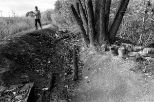 Casey at his camp, which was burned up in a fire while he was away.
