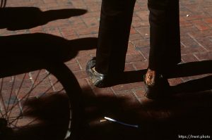 Homeless man's dirty  feet.
