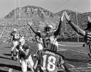 New Mexico player celebrates touchdown at BYU vs. New Mexico.