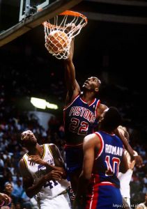 John Salley dunks over Thurl Bailey at Utah Jazz vs. Detroit Pistons