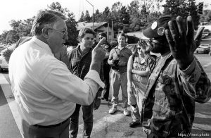 Man argues with protester during protests over President George Bush's visit to town.