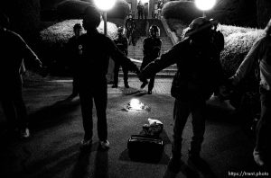 Police and protesters in front of the UC Berkeley dean's house at Rosebud protest