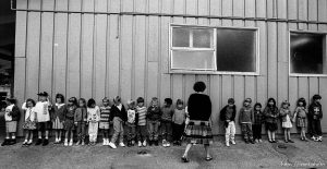 Teacher and class lined up at first day of kindergarten
