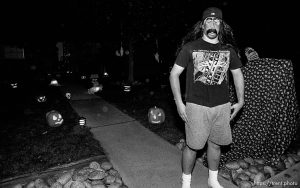 Weird man and pumpkins on Halloween