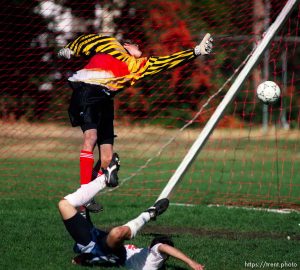 Guy scores goal. Soccer action at Campolindo vs. Miramonte (FAL playoffs)