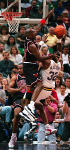 Michael Jordan blocks Karl Malone at Jazz vs. Chicago Bulls