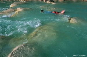 Stan in the blue water of the Little Colorado. Grand Canyon flood trip.