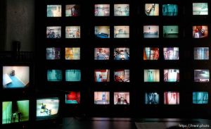 A panel of video monitors provides deputies at the Utah County Jail views of cells and rec areas. Due to overcrowding, physical surveillance has been regulated to the cameras. photo by trent nelson 19960321