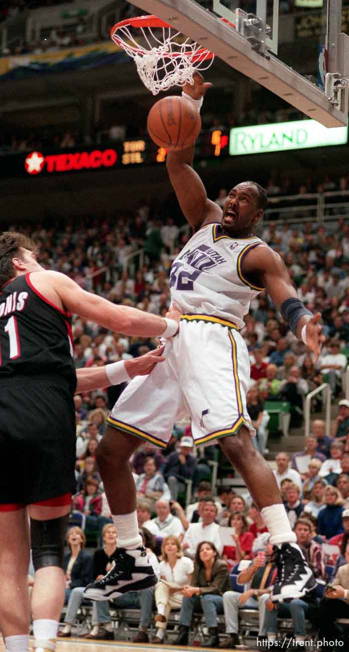 Karl Malone slams at Utah vs. Portland Trailblazers, game two, 1st round, NBA Playoffs
