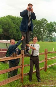 LDS missionaries taking photographs at Mormon Wagon Trail re-enactment