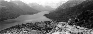 Hikers look down on Waterton from Bear's Hump
