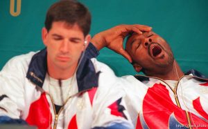 John Stockton and Karl Malone bored at the Dream Team press conference at the 1996 Summer Olympic Games