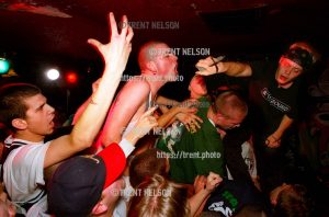 Legendary straightedge band Earth Crisis, with singer Karl Buechner, performing at the Bar & Grill in Salt Lake City, Utah, November 27, 1996.