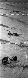 In the bottom lane, Nancy Carmen, a 25-year member of the Deseret Gym, swims laps in the pool at the Deseret Gym. 