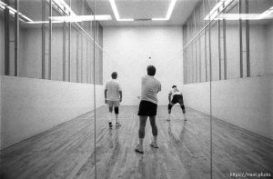 Playing handball in the Deseret Gym's Exhibition Handball Court are John Barnes, Gary Unker, and John Price. The trio have been coming to the Gym for about twenty years. 