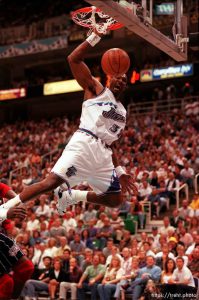 Karl Malone dunks at game two, Western Conference Finals, NBA Playoffs, Utah Jazz defeated Houston Rockets.