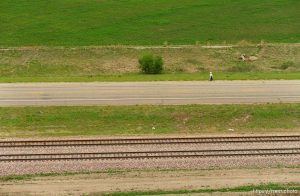 Mormon Trail Wagon Train seen from a grain elevator at Jack's Bean Company.