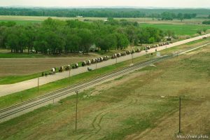 Mormon Trail Wagon Train from the top of a grain elevator at Jack's Bean Company.