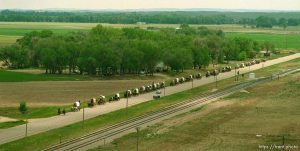 Mormon Trail Wagon Train from the top of a grain elevator at Jack's Bean Company.