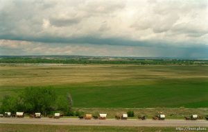 Mormon Trail Wagon Train from the top of a grain elevator at Jack's Bean Company.