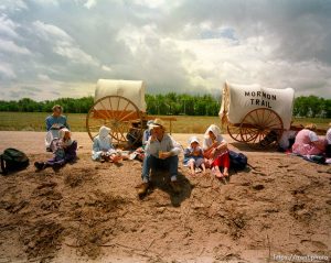 Brent & Kate Ashby (orem) on the Mormon Trail Wagon Train re-enactment with their daughters (from left:Laurel, Erin, Carissa (under wagon), Anita (grandma), and Rachel).