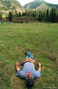 Joe Brandl (costume designer/historical advisor) takes a break while filming of the movie 