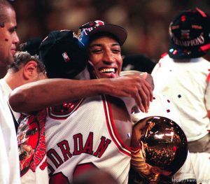 Chicago's Scottie Pippen embraces Michael Jordan after game 6, NBA Finals, Utah Jazz vs Chicago Bulls. Bulls won this game to win their fifth NBA Championship in the Michael Jordan era.