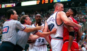 Utah's Greg Ostertag goes after Chicago's Scottie Pippen after knocking him to the floor at the NBA Finals Game four, Utah Jazz vs Chicago Bulls.