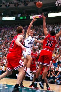 Utah's Jeff Hornacek shoots a high jump shot at the NBA Finals Game four, Utah Jazz vs Chicago Bulls.