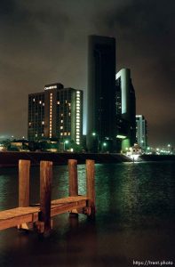 City skyline at night.
