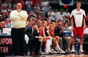 Utah bench and coach Rick Majerus at end of loss at Utah vs. Kentucky, NCAA championship game.