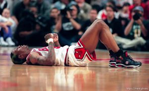 Dennis Rodman lays on the ground at Jazz vs. Bulls, game 5 of the NBA Finals. Jazz won