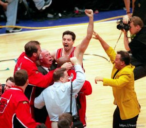 Toni Kukoc and teammates celebrate NBA Championship at Jazz vs. Bulls, game 6 of the NBA Finals. Bulls won