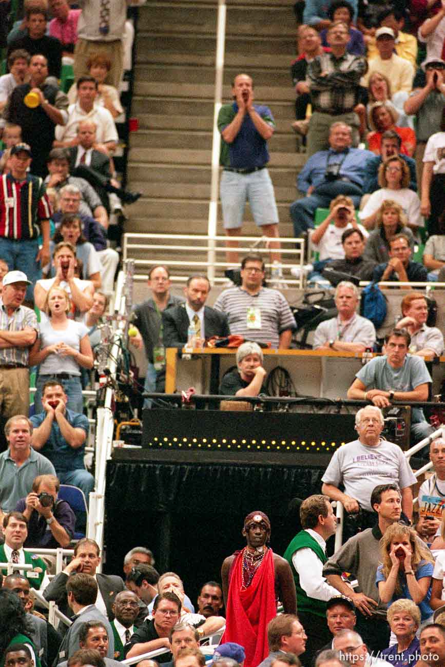 African tribesman in crowd at Jazz vs. Bulls game 2, NBA Finals. Bulls won.