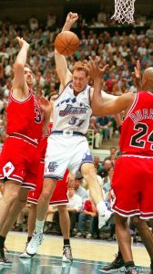 Adam Keefe loses ball at Jazz vs. Bulls game 2, NBA Finals. Bulls won.