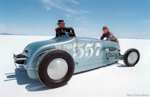 Curt and Bob Giovanine and their vehicle at the 50th annual Bonneville Nationals.