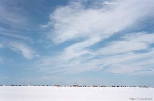 Cars and RV's lined up at the Bonneville Salt Flats to watch Speed Week.