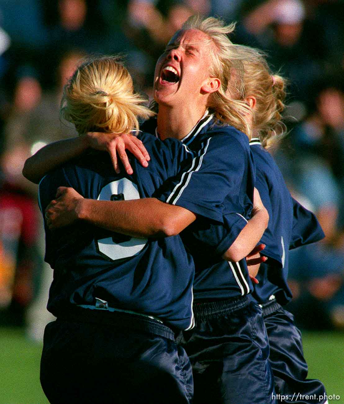 Brigham Young's #20- Maren Hendershot celebrates her second goal vs. Utah. She is hugging teammate #3- Jennie Christianson
