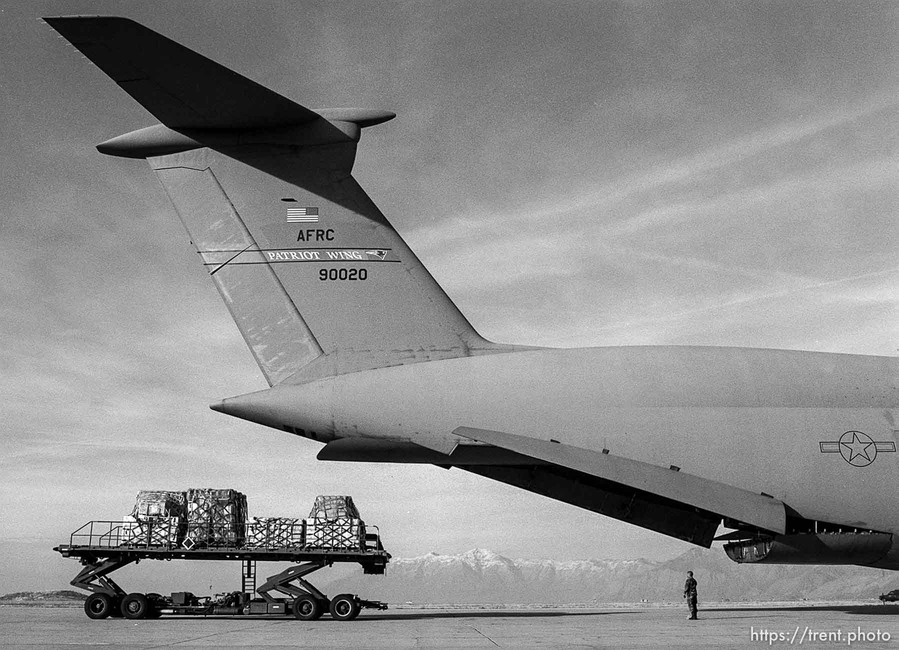 Humanitarian relief supplies bound for Honduras are loaded onto an Air Force C-5 cargo aircraft. More information in press release available in photo dept.