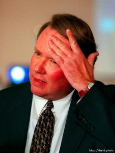 Congressman Merrill Cook wipes the sweat from his brow as returns come in on election night. He came from behind to win.