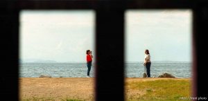 Brenda King takes a souvenir photo of Hilda King at Saltair. They were traveling from Oklahoma to California and stopped for a break