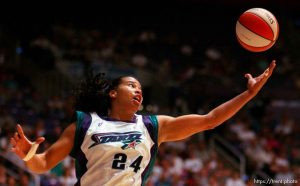 Natalie Williams reaches for a rebound at Utah Starzz vs. Phoenix Mercury, Dee Events Center, Weber State University