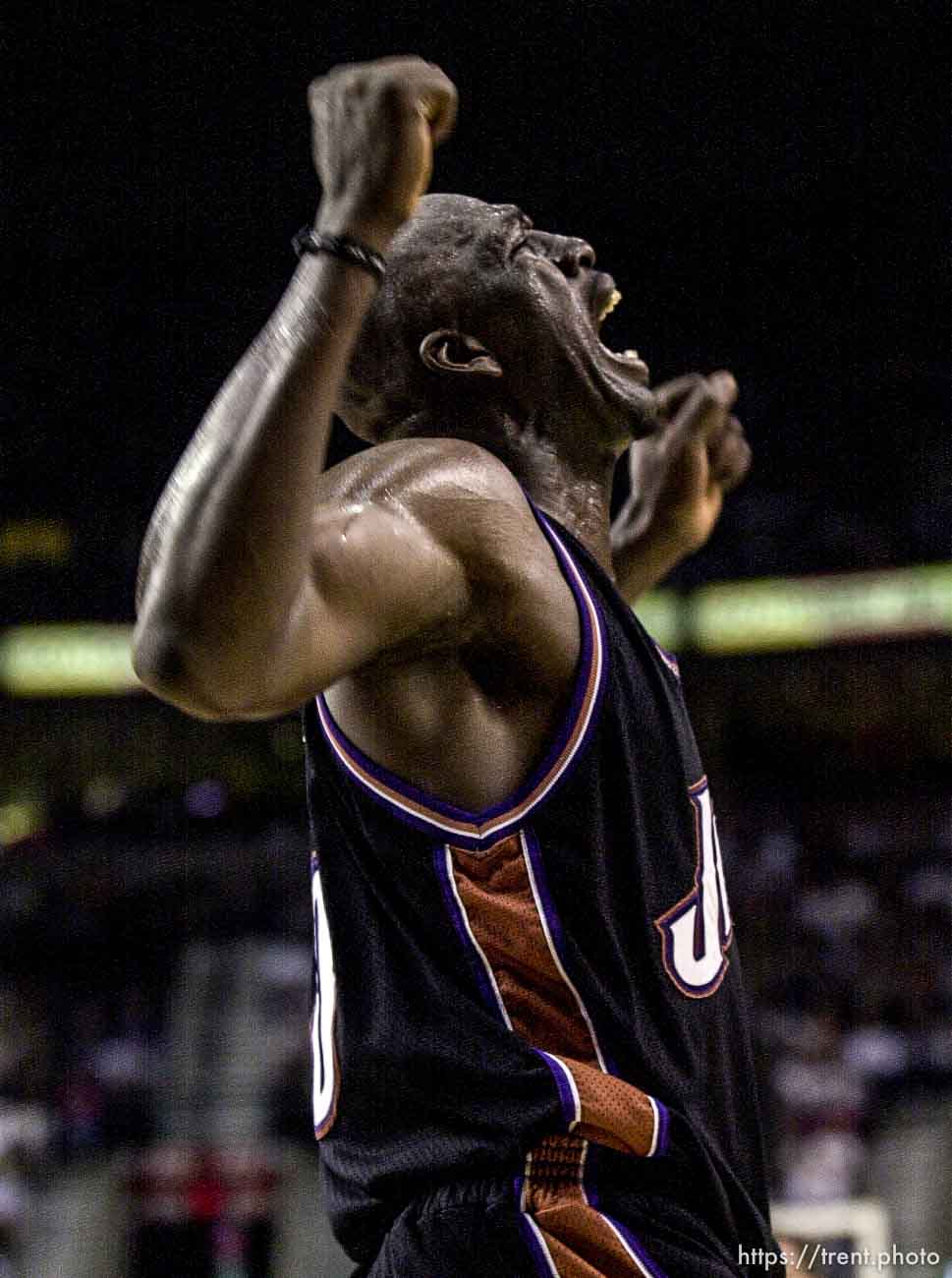 Olden Polynice excited at Utah Jazz vs. Portland Trailblazers. Game 5, 2nd round NBA Playoffs. Trailblazers won win series.
