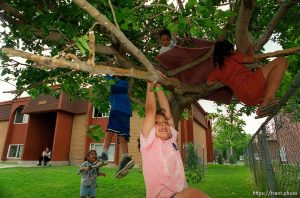 Under the watchful eye of a neighbor, children play in a tree in the Lake Park neighborhood. The West Valley City police department have declared the Lake Park neighborhood a 