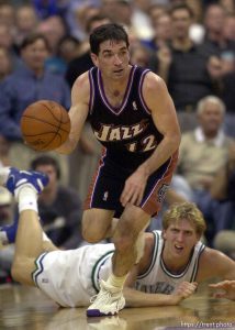 John Stockton steals from Dirk Nowitzki as the Utah Jazz face the Dallas Mavericks in game four of their first round playoff series, in Dallas Tuesday.  05/01/2001