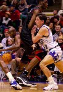 John Stockton fights through a pick. Jazz host the Philadelphia 76ers Saturday night at the Delta Center. Jazz win. 12.29.2001, 9:27:20 PM